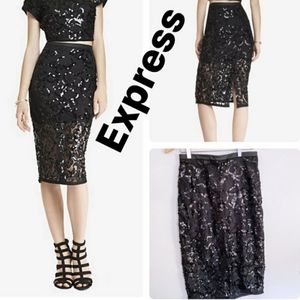 {Express} Sequin & Lace Overlay Midi Skirt